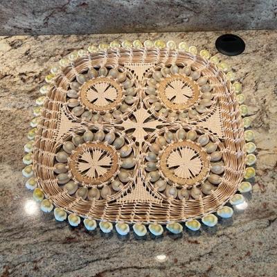 Tray from the Marshall Islands. Made from sissel, coconut fiber and shells. 15â€ x 15â€