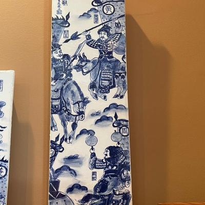 Two Chinese tile wall hangings. 22â€ x 7â€. Each