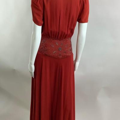 539 Antique Handmade Beaded Burnt Orange Crepe Dress