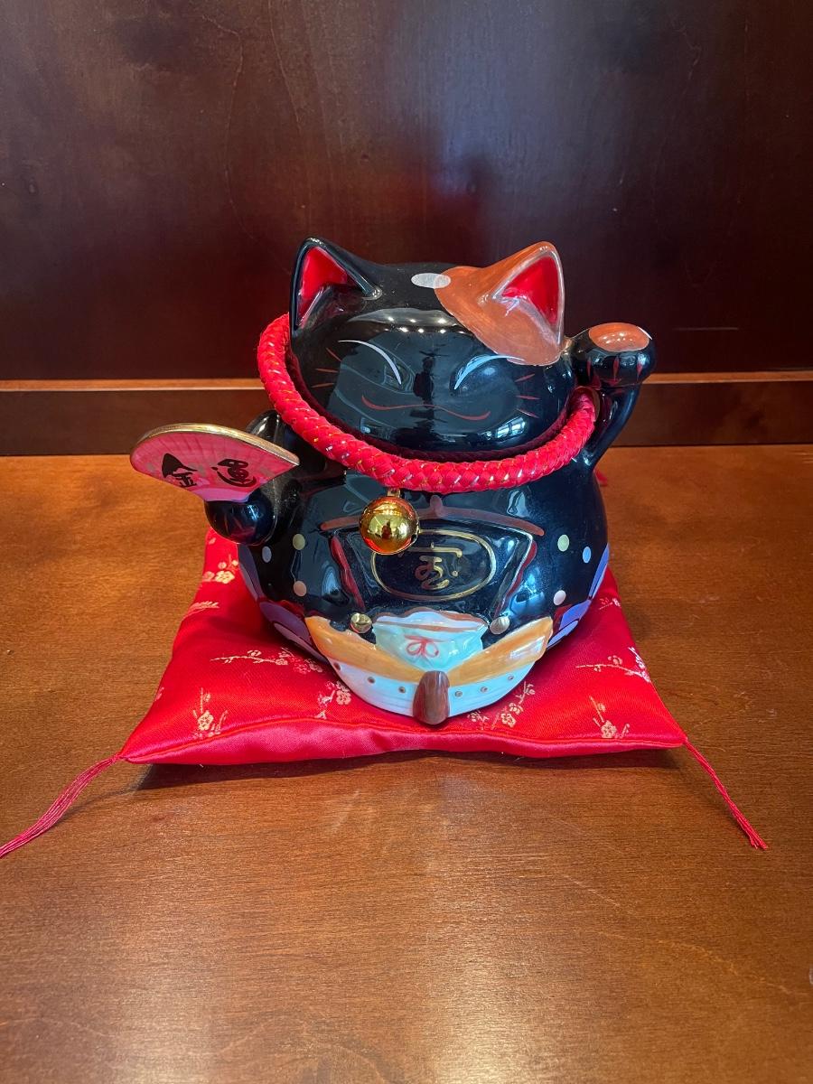 Fat Cat Bank From Hong King Sits On Its Own Red Silk Pillow 8 Tall fat-cat-bank-from-hong-king-sits-on-its-own-red-silk-pillow-8-tall