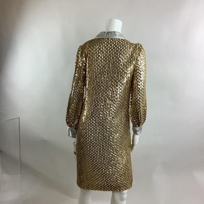Lot 545 Vintage 1950's Lee Jordon Gold Sequins Dress with Metallic Collar, Faux Gem Buttons