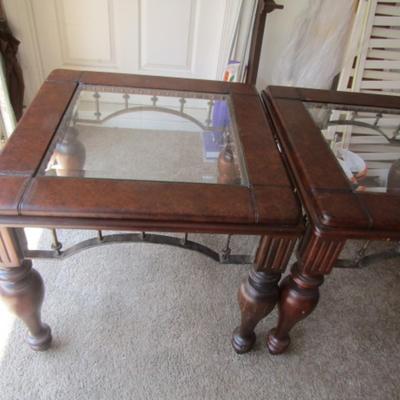 Pair of Wood Finish Glass Top Side Tables