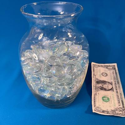 VASE FULL OF CLEAR FLATTENED MARBLE GEMS