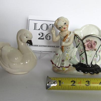 Nice Old Japan Figural Lady Planter and Small Swan Pottery Planter