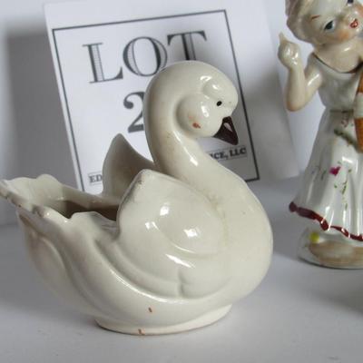 Nice Old Japan Figural Lady Planter and Small Swan Pottery Planter