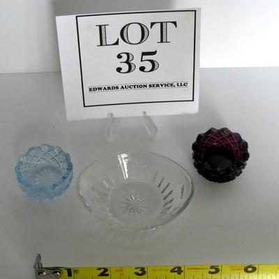 2 Older Glass Salt Dips and Heisey Antique Nut Dish