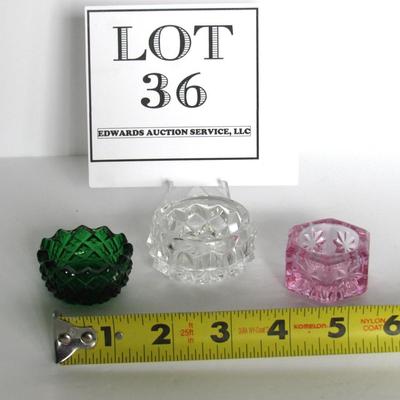 3 Open Salt Dips, 2 Mosser Glass, One Fostoria American
