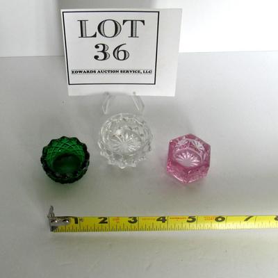 3 Open Salt Dips, 2 Mosser Glass, One Fostoria American