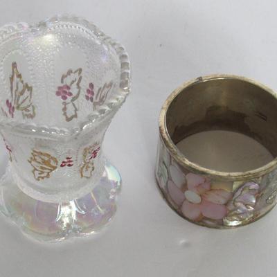 Carnival Glass Toothpick Holder and Silver Plate Napkin Ring From Mexico