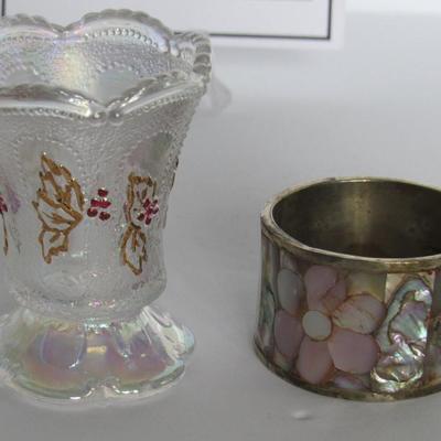 Carnival Glass Toothpick Holder and Silver Plate Napkin Ring From Mexico