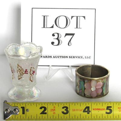 Carnival Glass Toothpick Holder and Silver Plate Napkin Ring From Mexico