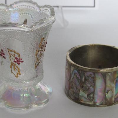 Carnival Glass Toothpick Holder and Silver Plate Napkin Ring From Mexico