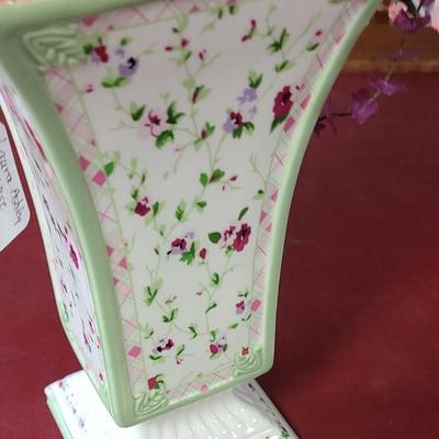 Laura Ashley Vase with Silk Flowers  9 inches tall  (some cracks)