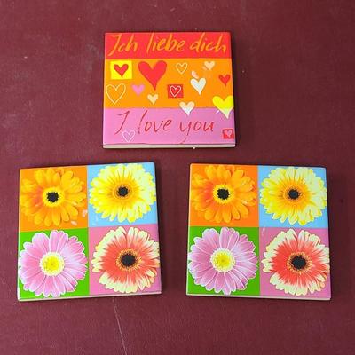 3 Colorful German Tiles - Approx. 4 x 4 inches