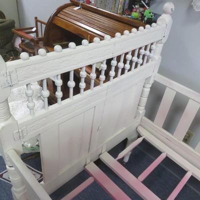 Vintage Fold-Up Wooden Oak Baby Crib - one damaged leg - 54 x 30 inches