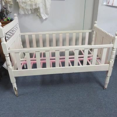 Vintage Fold-Up Wooden Oak Baby Crib - one damaged leg - 54 x 30 inches