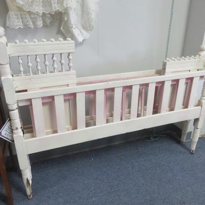 Vintage Fold-Up Wooden Oak Baby Crib - one damaged leg - 54 x 30 inches