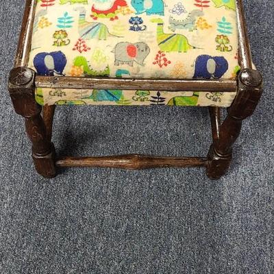 Oak Footstool with Child's Print Fabric - 13 x 12 inches