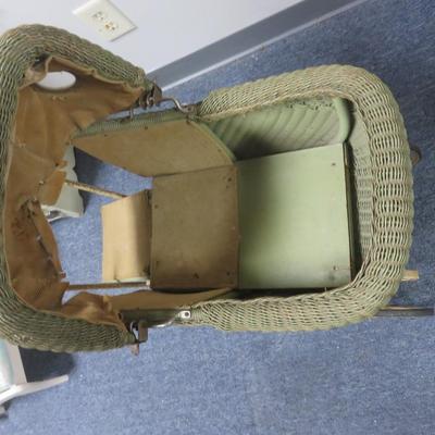 Vintage Wicker Baby Stroller with Round Glass Side Window - Wicker part measures 22 x 16 inches