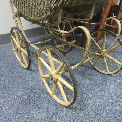 Vintage Wicker Baby Stroller with Round Glass Side Window - Wicker part measures 22 x 16 inches