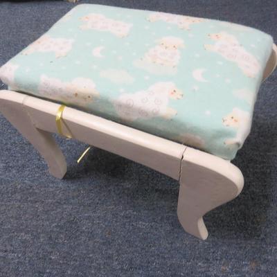 White Wooden Footstool with Baby Sheep Fabric 13 x 9 1/2 inches
