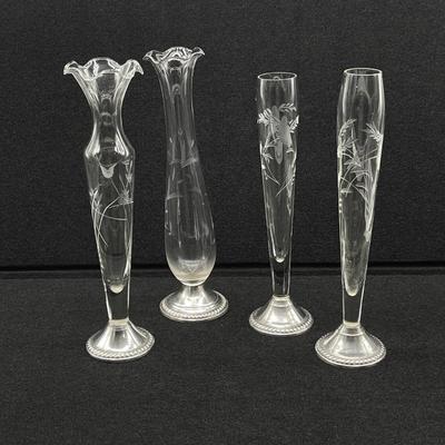 Sterling Silver ~ (4)  Etched Glass Bud Vases