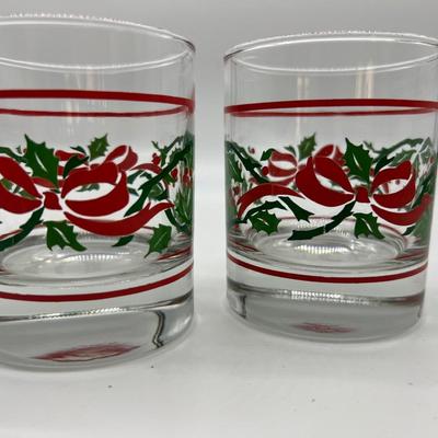 Vintage Christmas Glasses Holly and Berries Red Ribbon Bow