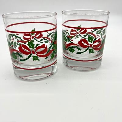 Vintage Christmas Glasses Holly and Berries Red Ribbon Bow