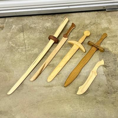 (4) Small Wood Swords & (1) Knife