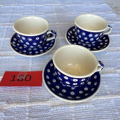 Polish Blue & White Pottery 3 Cups & Saucers