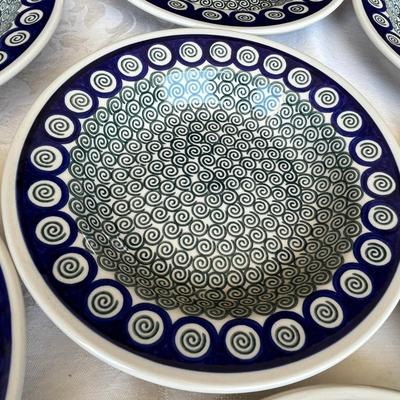 Polish Blue & White Pottery Lot of 7 Small Dinner Plates
