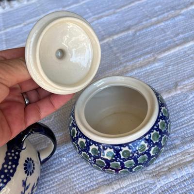 Polish Blue & White Pottery Cream & Sugar