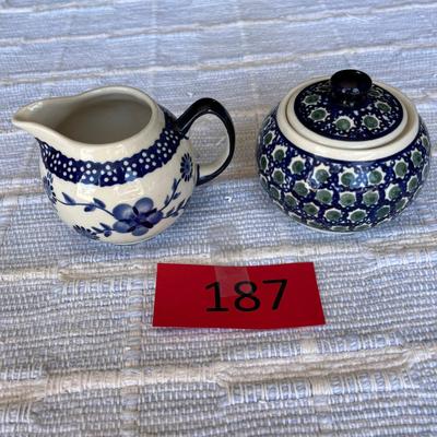 Polish Blue & White Pottery Cream & Sugar