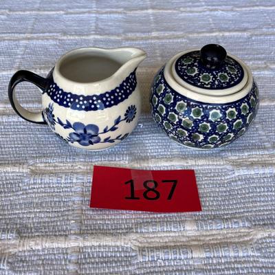 Polish Blue & White Pottery Cream & Sugar