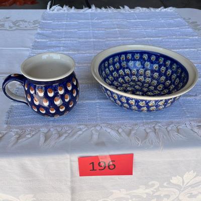 Polish Blue & White Pottery Mug and bowl