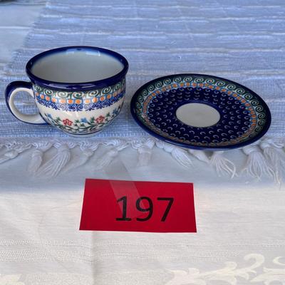 Poland Blue & White Pottery Floral Cup & Saucer