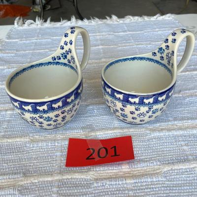 Poland Blue & White Pottery Kitties Fancy Soup Mugs