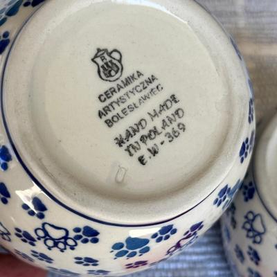 Poland Blue & White Pottery Kitties Fancy Soup Mugs
