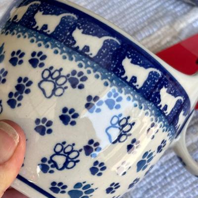 Poland Blue & White Pottery Kitties Fancy Soup Mugs