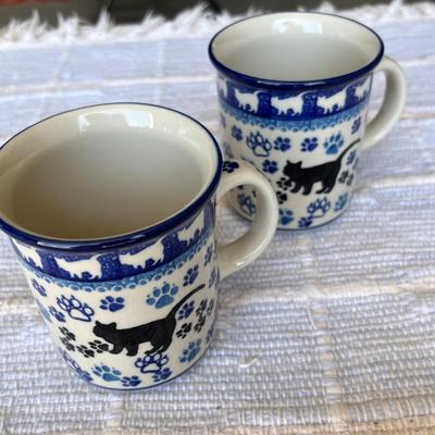 Poland Blue & White Pottery Kitties 4 Mugs
