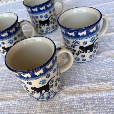 Poland Blue & White Pottery Kitties 4 Mugs