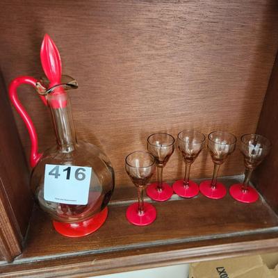 Red /Clear Glass Decanter w 5 Cordial Glasses