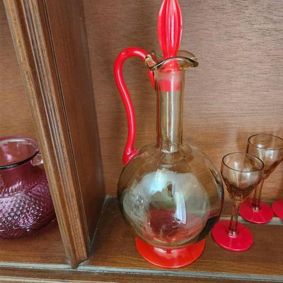 Red /Clear Glass Decanter w 5 Cordial Glasses