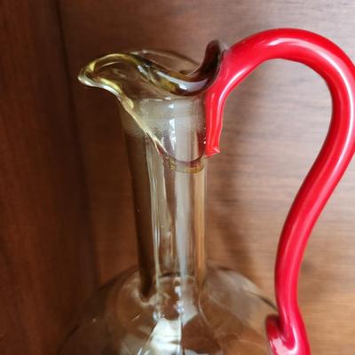 Red /Clear Glass Decanter w 5 Cordial Glasses