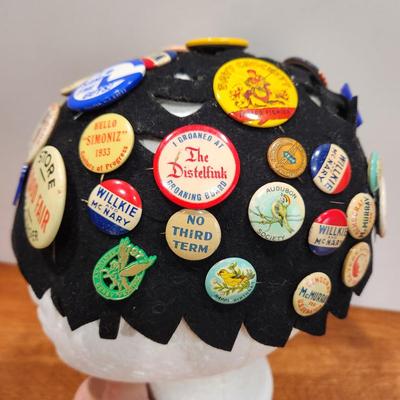 Collection of Pinbacks Pin Buttons 1920s to 1980 on hat Micky Mouse Club Kentucky Derby Festival  pins