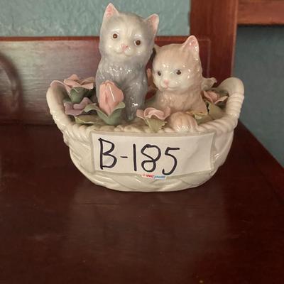 Porcelain Kitties in Basket of Flowers