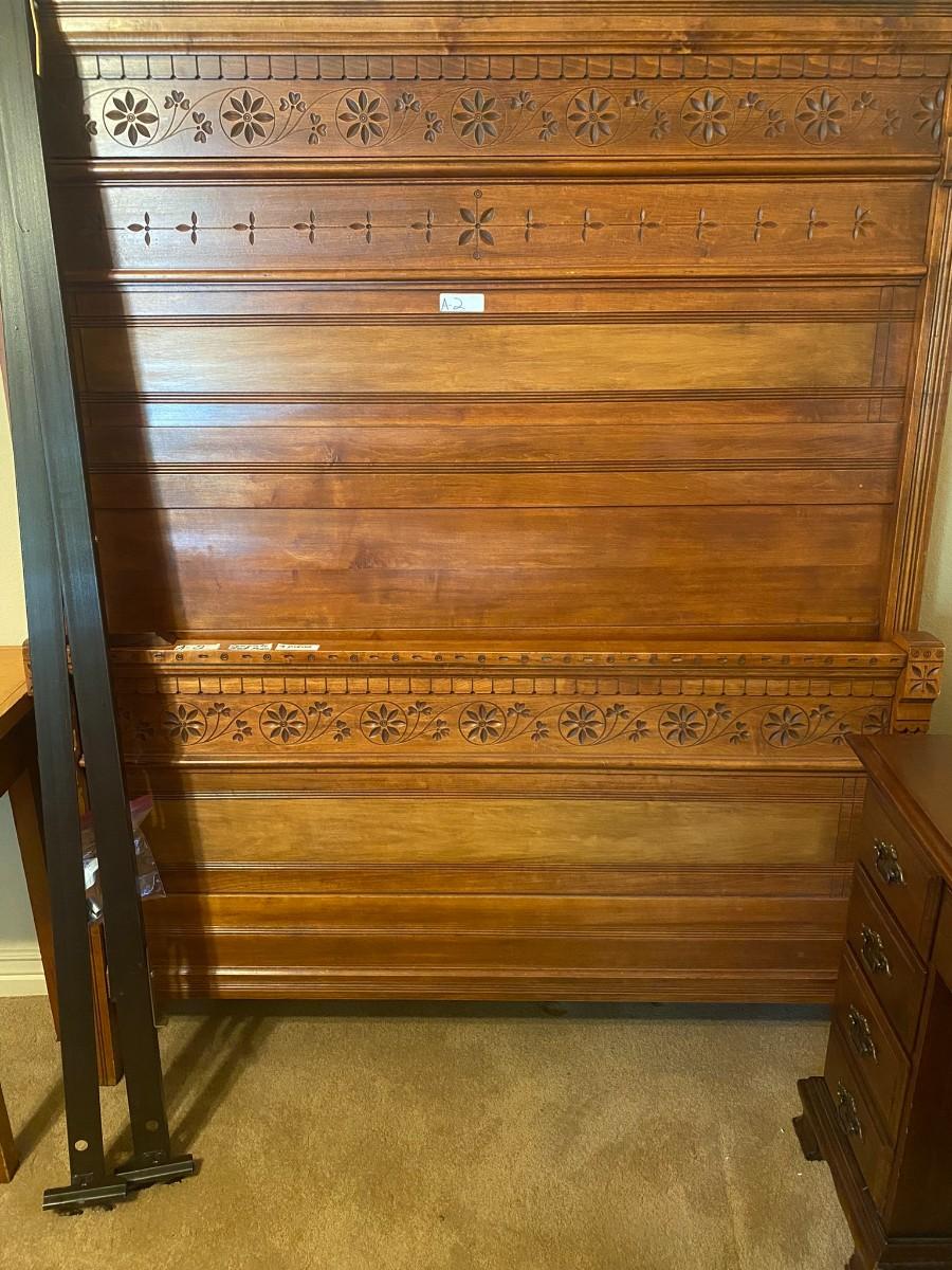 Antique Highly Carved Headboard Footboard and Rails