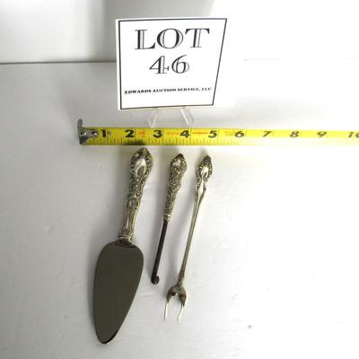 Vintage Sterling Handled Button Hook, Small Pie Server, and Plated Olive Fork