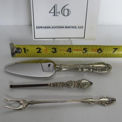 Vintage Sterling Handled Button Hook, Small Pie Server, and Plated Olive Fork