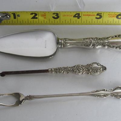 Vintage Sterling Handled Button Hook, Small Pie Server, and Plated Olive Fork